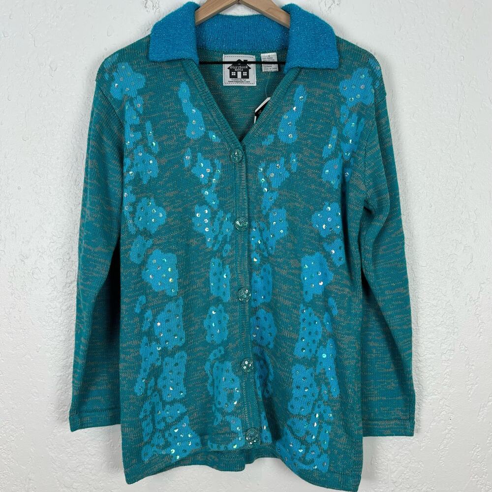 Storybook Knits Blue Sequin Button Front Collared Cardigan Sweater Small NWT